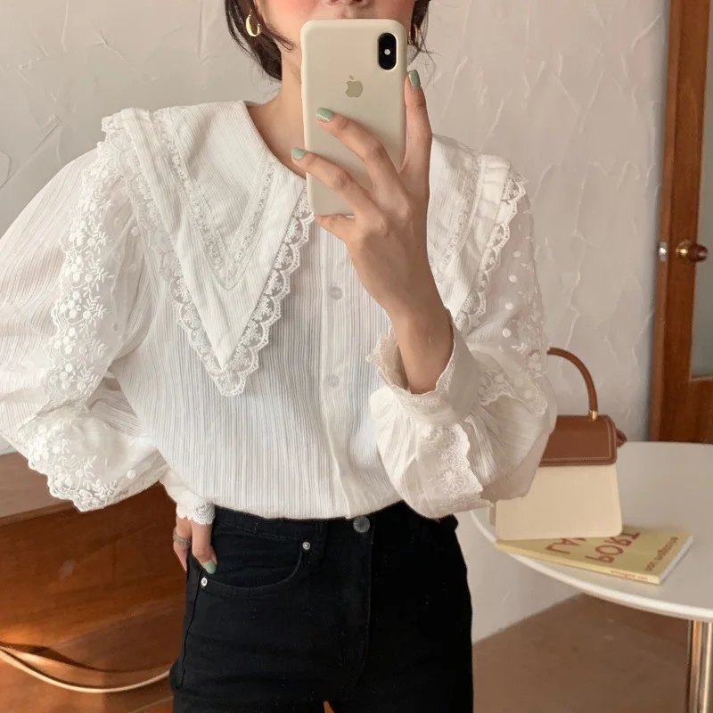 

2020 New Arrival Elegant Tops Women Shirt Lace Stitching Lantern Sleeve Doll Collar Korean Style Loose Blouse Blusas