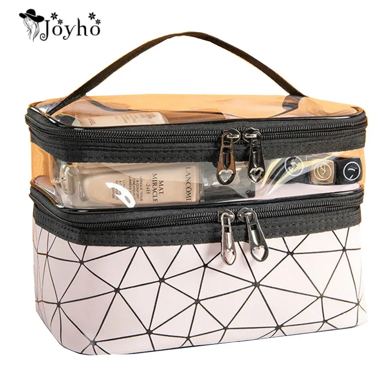 

Women Double Layer Cosmetic Bag PU Make up Organizer Bags Travel Waterproof Toiletry Storage Pouch Beautician Makeup Cases Box