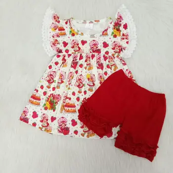 

Fashion kids baby girl summer clothes lace trim top+solid red shorts sets new born baby strawbery cake gift children's Clothing