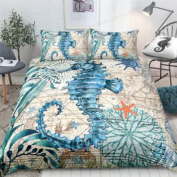 

Retro Sea Horse Bedding Set Ocean Series Duvet Cover Pillowcase Twin Queen King Size Comforter Sets
