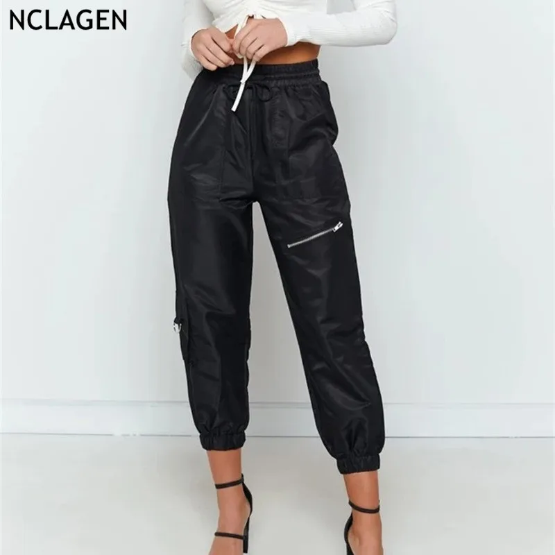 

NCLAGEN 2019 Street Fashion Autumn High Waist Loose Casual Pants Women Zipper Drawstring Sweat Trousers Mujer Pockets Pantalons