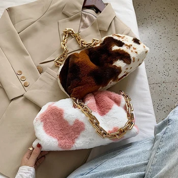 

Fashion Plush Handbag For Women 2020 Cloud Chain Shoulder Bags Cow Animal Evening Party Day Cluch Elegant Lady Underarm Handbags