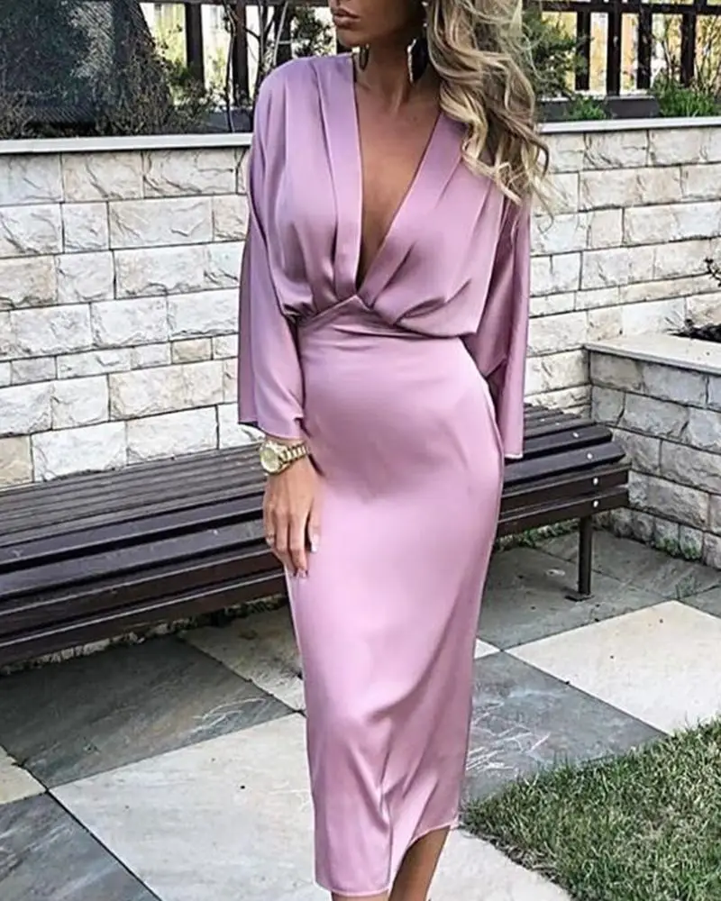 

Women Elegant Solid Plunge Ruched Tight Waist Satin Dress Long Sleeve Midi Dress Sexy Night Club Party Dresses Office Robe Femme