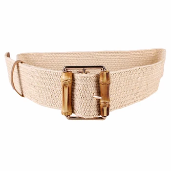 

Retro Knitted Wax Rope Waist Rope Women Bamboo Buckle Belt Ladies Knitted Women'S Braided Belt Beige