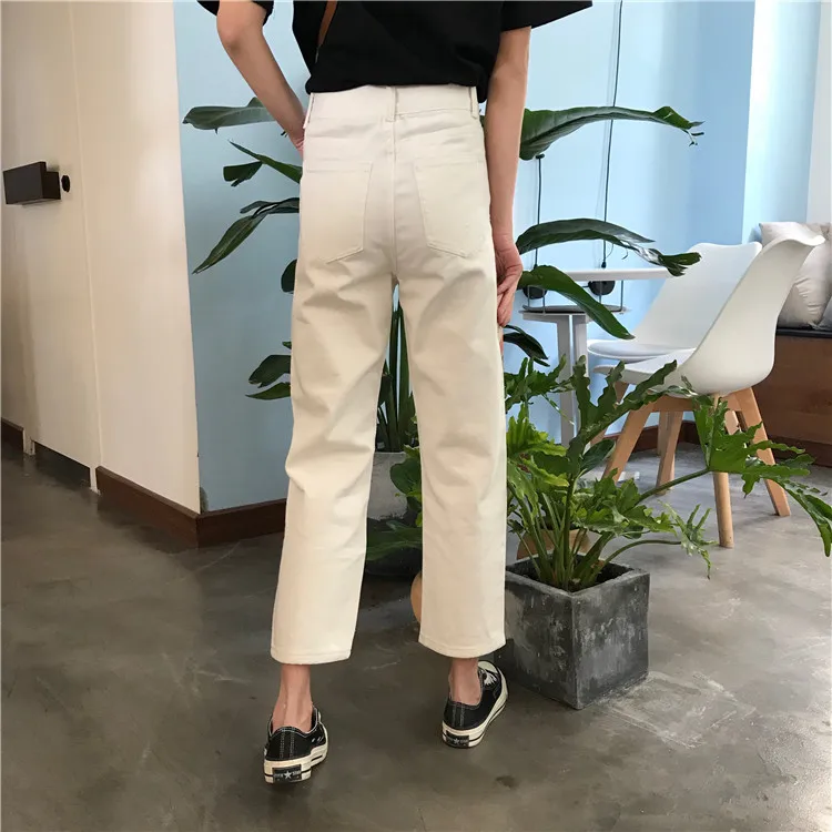 Black High Waist Jeans Women Ankle-length Solid Simple All Match Harajuku Vintage Womens Trousers Korean Fashion Females Pockets