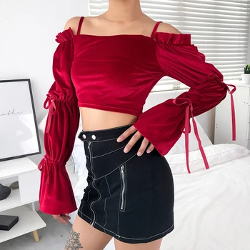 

Explosion Models Women's Classic Retro Court Velvet Tops Female Long-sleeved Strapless Long-sleeved Short-sleeved Shirt Red