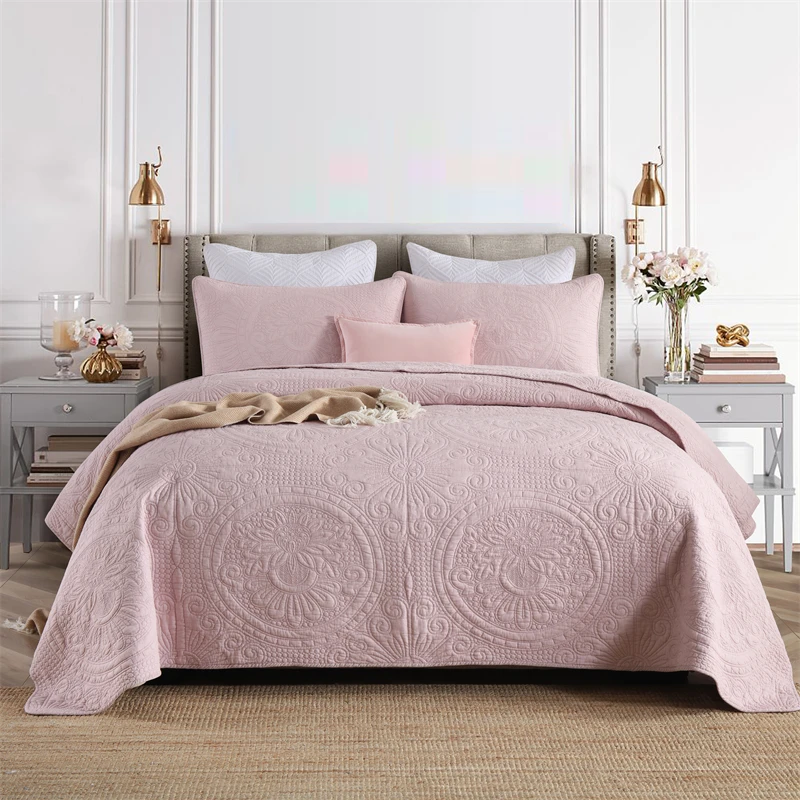 Bedspread PINK Embroidered Comforter Bed spread 3 Pcs Piece Bedding Set Quilted 
