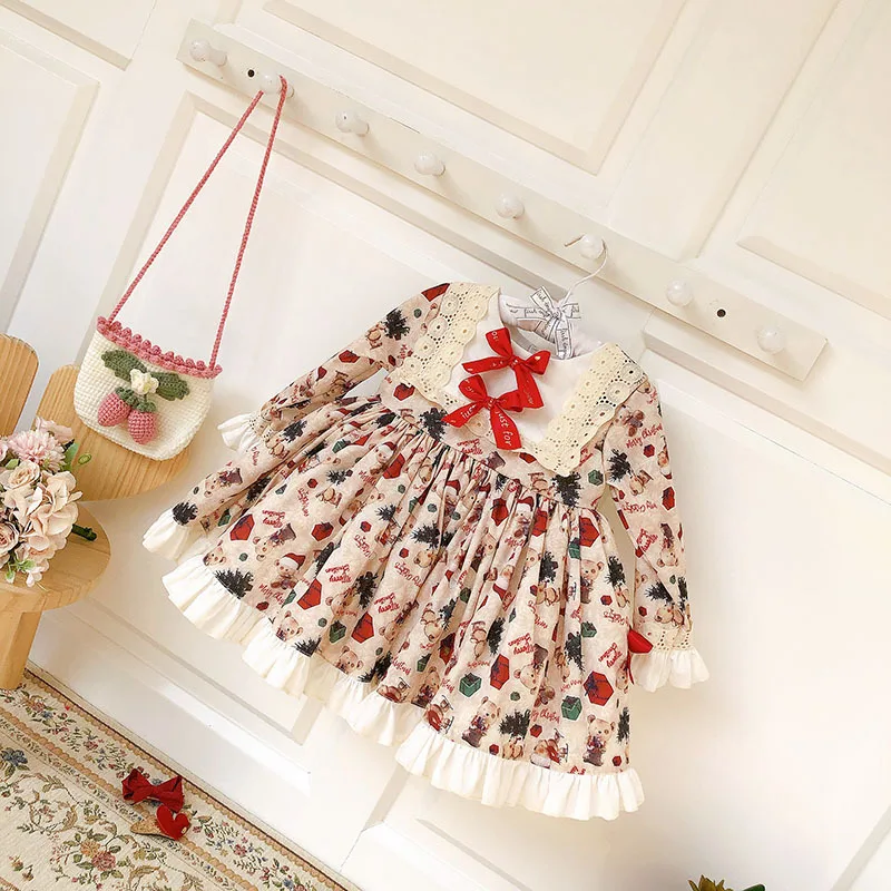 Рождественские Платья с цветочным принтом для девочек; испанские платья; детское роскошное вечернее платье Лолита; зимнее платье принцессы с бантом; одежда для малышей