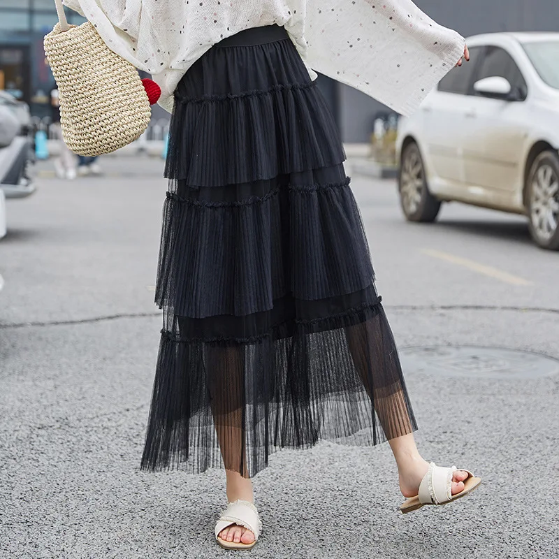

-Style 2019 Double Layer Slimming Significantly Higher Beads New Style Mesh Dress WOMEN'S Skirt High-waisted Elegant Wear Comfor
