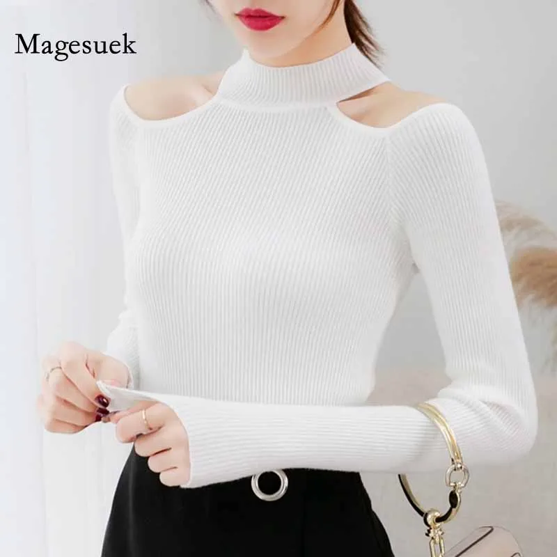 

Chic Shoulder Hollow 2020 Knit Sweater Women Fashion O-Neck Pullovers Solid Korean Ladies Harajuku Sweater Sueter Mujer 6838 50