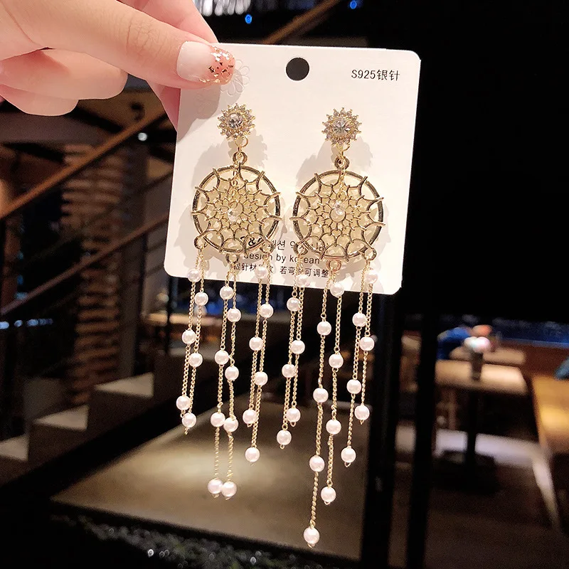 Dream Catcher Long Pearl Tassel Earrings Fashion Ear Jewelry Women Fashion Dangle Drop Earrings Golden