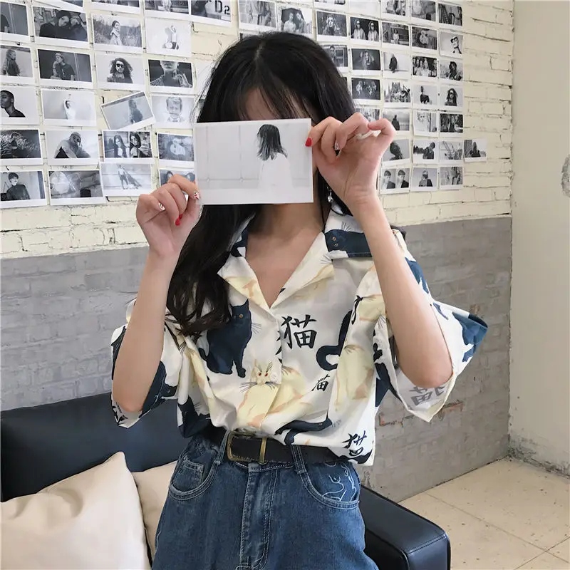 Blouses Women Vintage Cat Printed Korean Basic Loose Chic Design Ladies Shirts Daily College Street All-match Womens Blouse Top