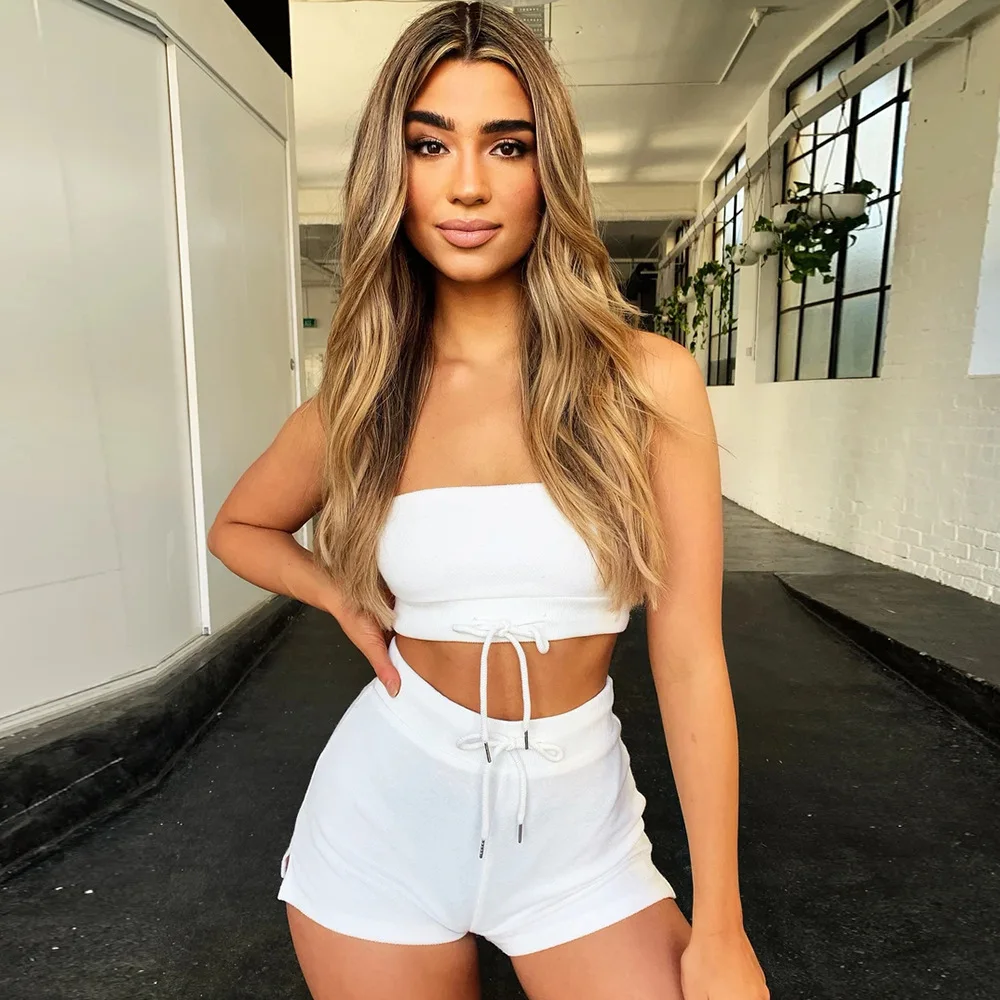 Summer 2 Piece Sets Women Bandage Drawstring Strapless Crop Top Short Pants Jogging Tracksuit Ladies Sport Set Hoodies Outfits