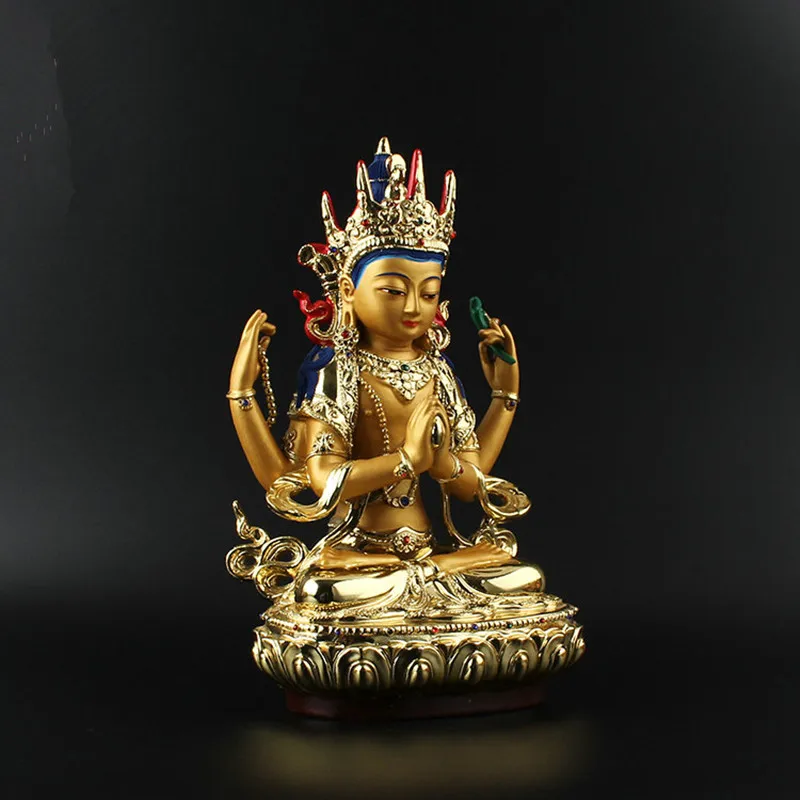 26 см золотое покрытие цветной Тибетский транский четыре-Armed Guanyin/avalokitesvara bodhisattva статуя Будды украшение