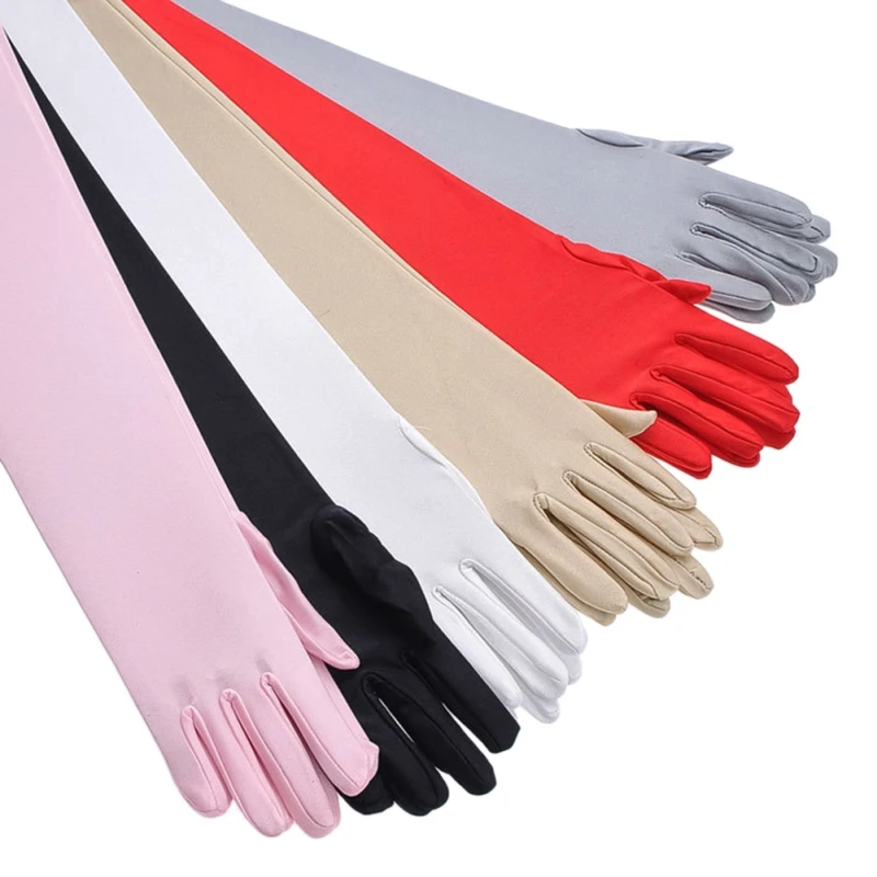 Классические взрослые черные белые красные серые кожаные перчатки для оперы/локоть/пульса, тянущиеся атласные длинные перчатки для пальцев, перчатки-Хлопушки, подходящие к костюму