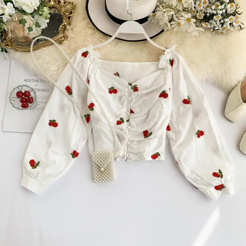 

Foamlina Vintage Women Shirt Sexy V Neck Long Sleeve Pearl Buttons Fruit Embroidery Short Blouse Shirt Top