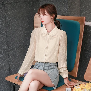 

COIGARSAM Ruffles Shirt Womens tops Summer Short Sleeve Chiffon Peter pan Collar Women shirts 8440