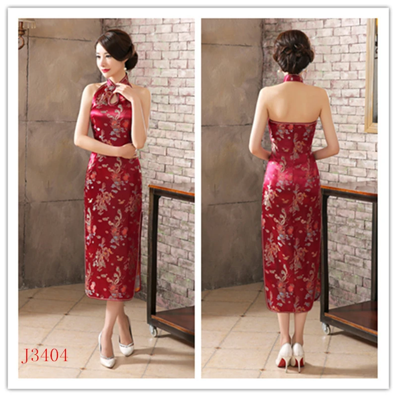 Женское сексуальное китайское традиционное Cheongsam Дракон и Феникс цветочное Qipao атласное платье на бретелях женское свадебное элегантное платье Ципао с разрезом - Цвет: Color14