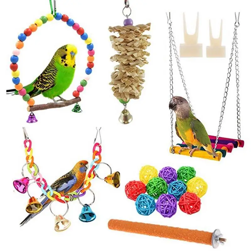 

12PCS Bird Swing Toy Set Assorted Bird Chewing Toy Parrot Toy Strong Firm Bird Hanging Toy Parrot Mynah Swing Bell Toy Set