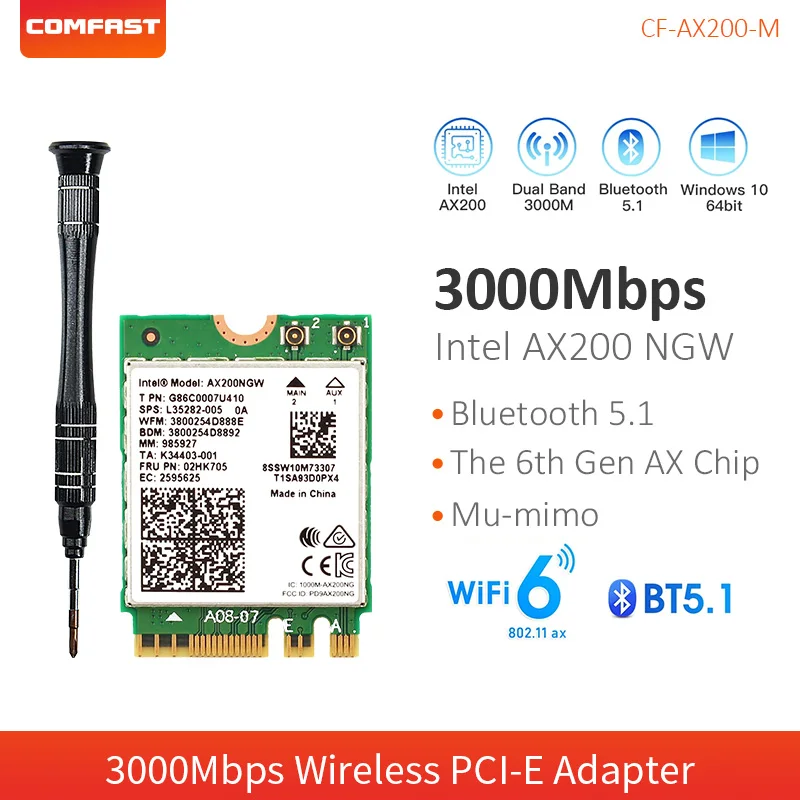 2974Mbps Mini Pci-E Wifi 6 Card Dual Band Ax200 Ngff M.2 Ax200Ngw Bluetooth 5.1 802.11 Ax Laptop Wi-Fi Modulo Adattatore Wireless