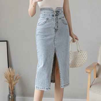 

Ladies Vintage Denim Midi Skirt Women 2020 Summer Split Front Mid-Calf Length Buttoned High Waist Pencil Jean Skirt