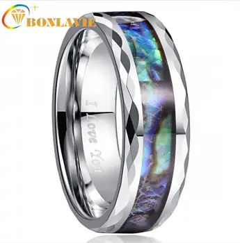 

BONLAVIE 2019 Tungsten Carbide Ring 8MM Wide 2.3MM Thick Steel Color Polished Faceted + Abalone Shell Tungsten Steel Ring