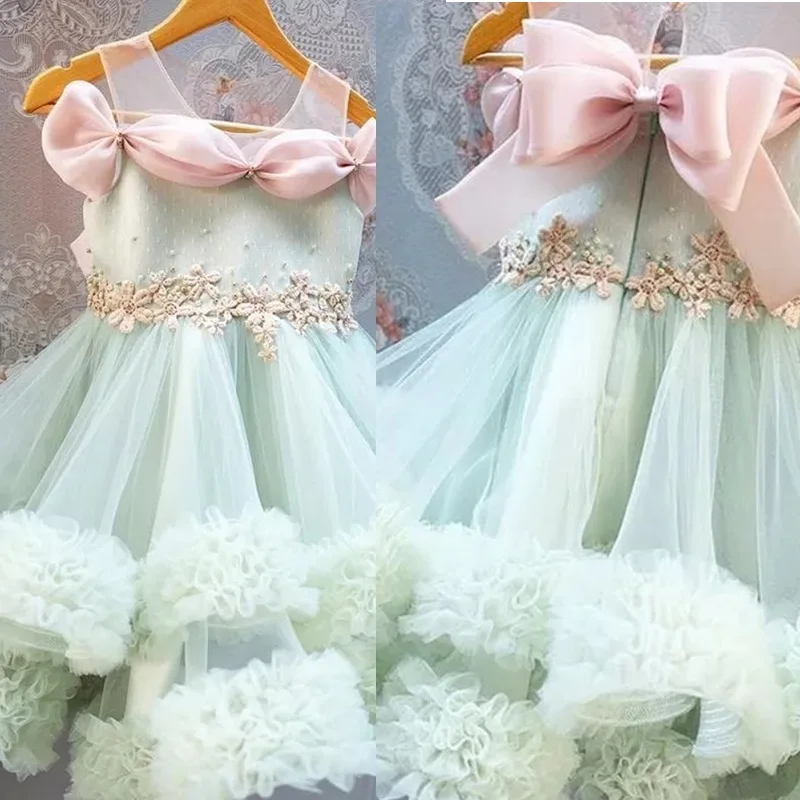 

Mint Green Tiered Knee Length Flower Girls Dresses Vintage Party A Line Birthday Wears Sleeveless Baby Photoshot Gowns Handmade