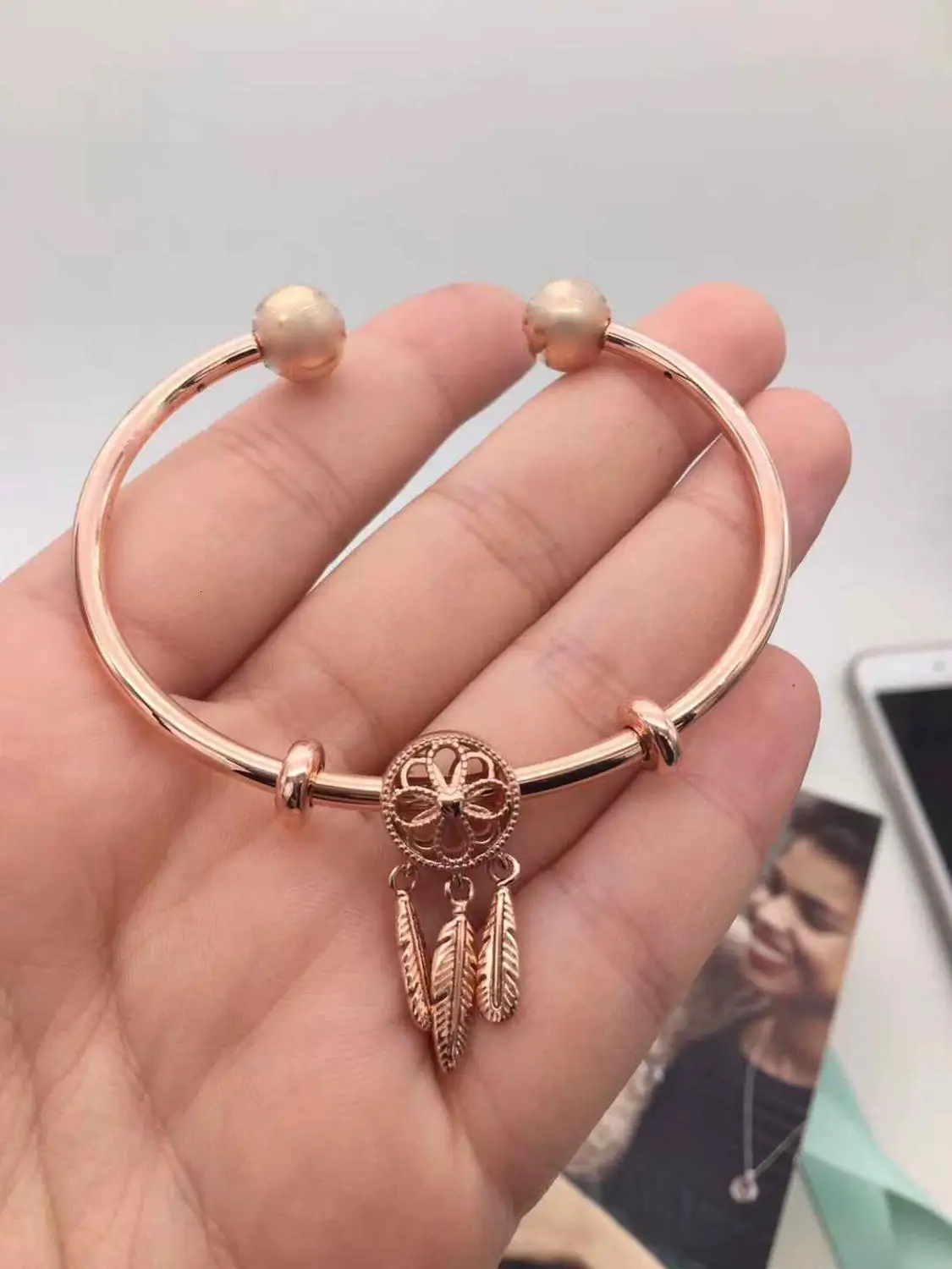 

High Quality Store 1:1 100% 925 Sterling Silver Rose Gold Flower from Vintage Free Open Bracelet