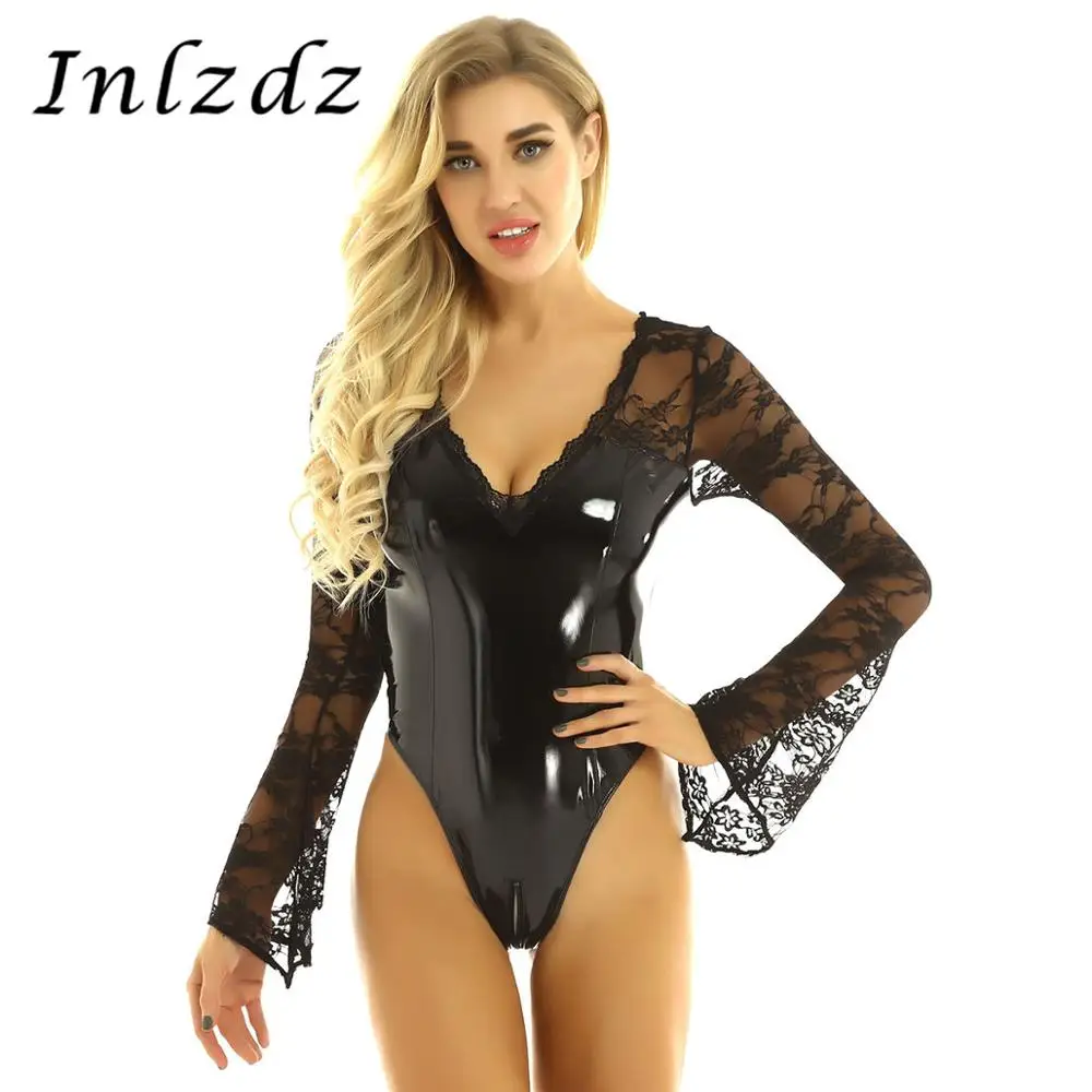 Женское нижнее белье кожаный плюшевый боди Wetlook с v образным вырезом кружевное
