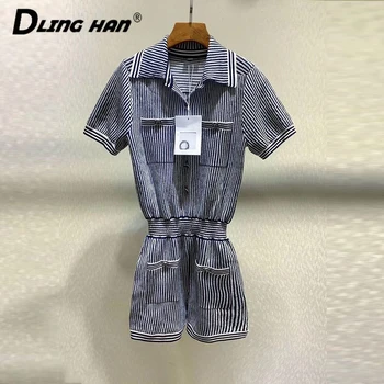 

LINGHAN Fashion striped Knitted Playsuits High quality Button Turn-down Collar Short sleeve Slim Jumpsuits Designer Women New