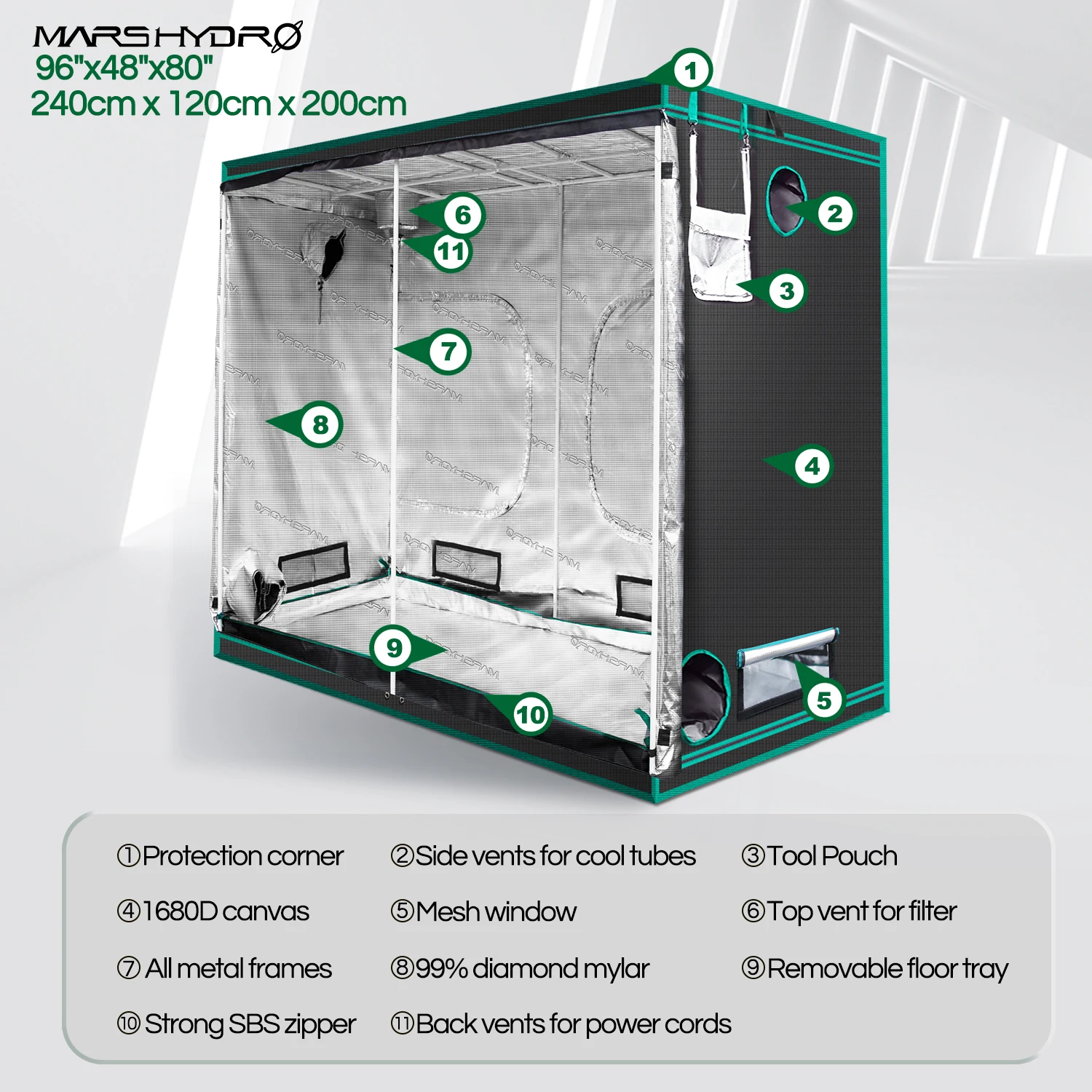 MarsHydro 240x120x200 см (96 ''x 48'' x 80 '') комнатный тент для выращивания гидропоники