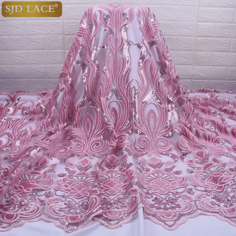 Fashion French Tulle Lace Fabric Embroiderey Velvet Lace High Quality Sequins Nigerian African Mesh Lace Fabric For WeddingA1772