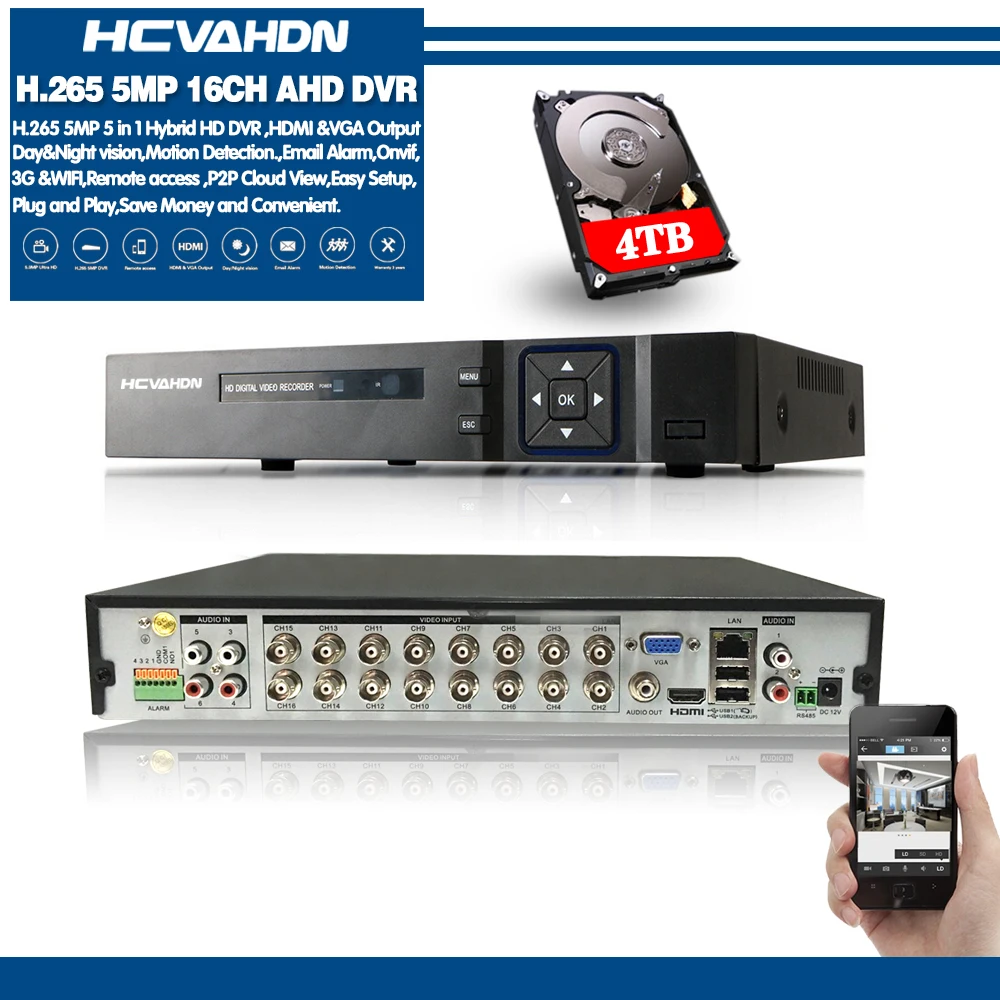 5 в 1 16CH 5MP 4MP AHD DVR Гибридный видео 3g рекордер поддержка 1080P TVI CVI IP камера CCTV домашняя