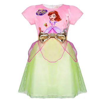 

Girls Mesh Sofia Dress Kids Cosplay Sofia Princess Baby Party Dress Golden Bow Print Children Day Birthday Children's Costumes
