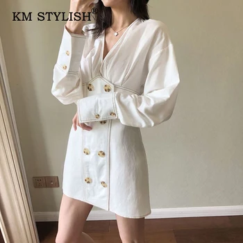 

Women's Sexy V-neck Black Dress Cotton Linen Autumn Australian New Female Retro Puff Full Sleeve Double-breasted White Bodycon