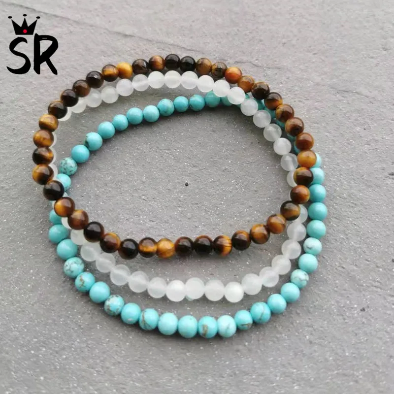 3Pcs/Set Bracelets 4mm Natural Stone Beads Healing Energy Yoga for Men Women Moonstone Tigers Eye Green Turquois Gift | Украшения и