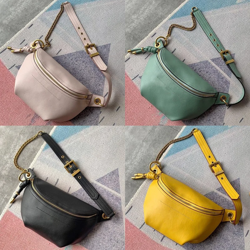 

Genuine Leather Fanny Pack for Women Stylish Chain Strap Shoulder Cross Body Bag Ladies Pure Color Zipper Pouch