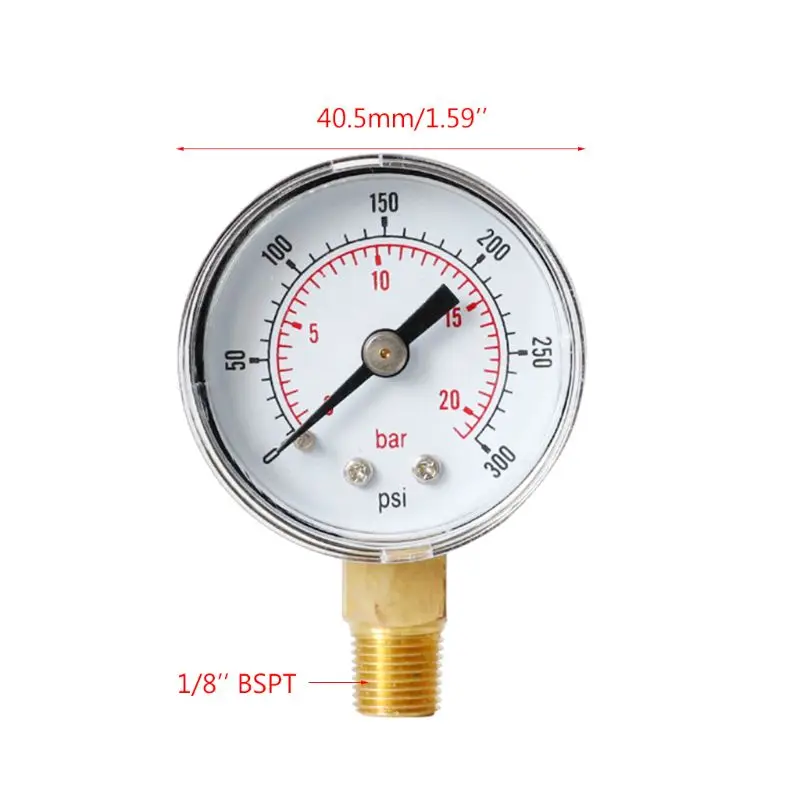 Manomètre 0/15 psi & bar 0/1 cadran 1/8 BSPT 40mm connexion bas. 
