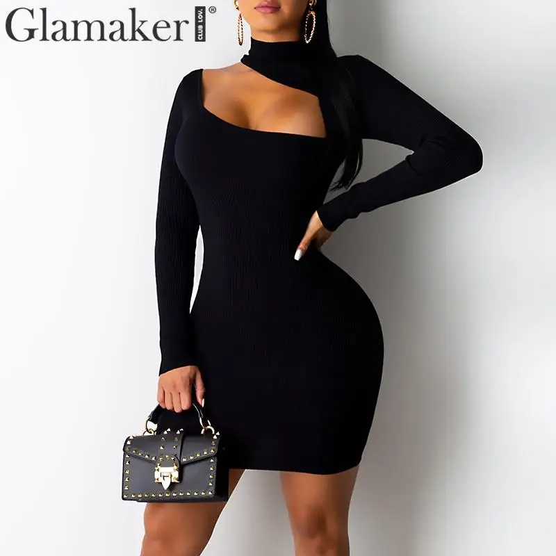 Женское Трикотажное короткое платье Glamaker черное элегантное облегающее с