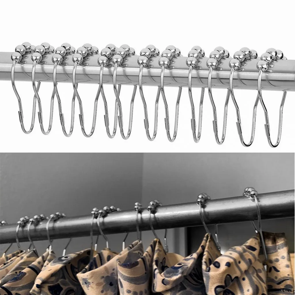 12pcs/pack Rust-Resistant Shower Curtain Rings Hooks Polished Satin Nickel 5 Roller Ball Bathroom Accessories | Дом - Цена: US $0.16 - 3.62