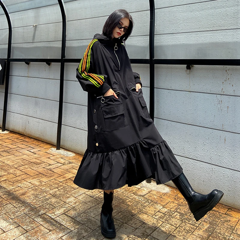 [EAM] Women Black Striped Ruffles Long Big Size Long Dress New Hooded Long Sleeve Loose Fit Fashion Spring Autumn 2020 1DA229