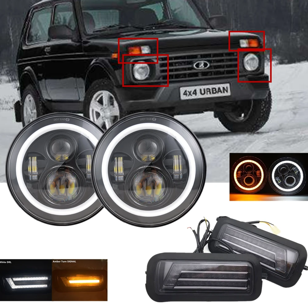 

For Lada Niva 4x4 Led Headlight Round 7Inch Halo With Daytime Running Lights Amber Turn Signal Lamp for Lada Niva 4X4 1995+