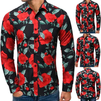 

Casual Formal shirt Men long Men's Autumn Winter Printed Trun-Down Collar Button Solid Long Sleeve Top Blouse Mens Dress Shirts