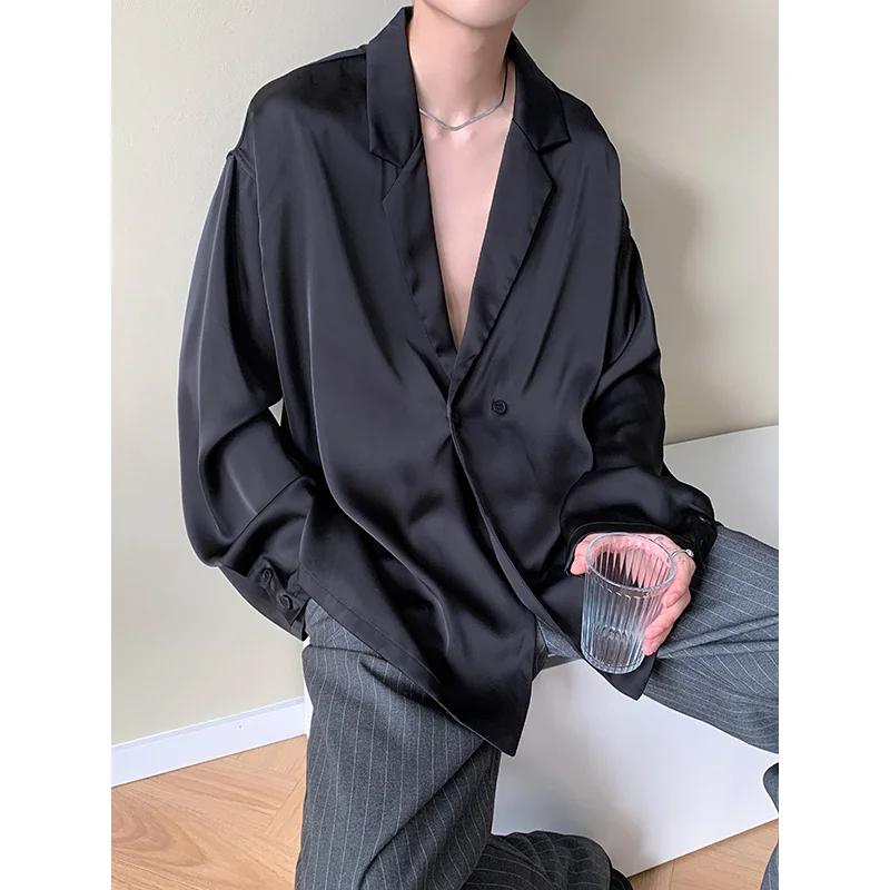 Men Summer Black White Silk Blazer Fashion Business Korean Loose Casual Dress Jacket M-XL
