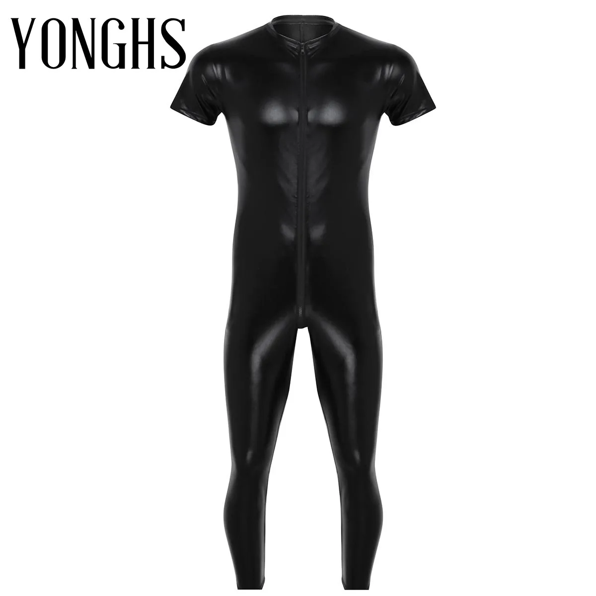 Mens Lingerie Latex Full Bodysuit Stretchy Faux Leather Short Sleeves