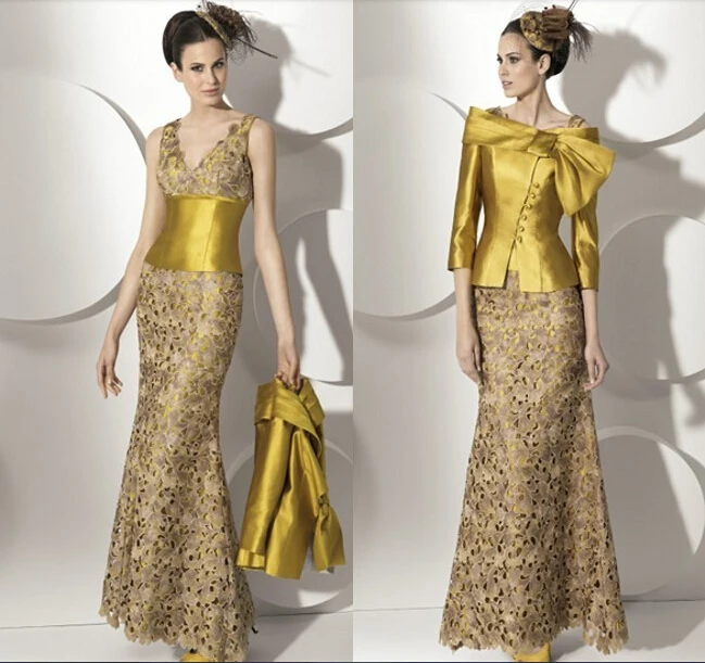 

custom-made sleeves vestido de festa renda 2016 new design free shipping gold long Mother of the Bride lace Dresses with jacket