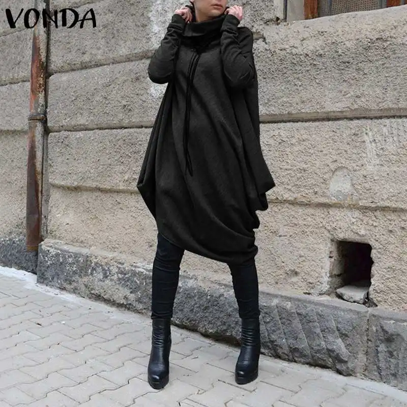 

VONDA Women Warm Dress 2019 Casual Loose Long Sleeve Turtleneck Sweatshirts Pullover Dresses Female Plus Size Vestidos 5XL Robe