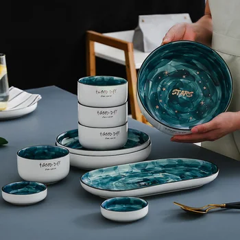 

Green Stars Bone China Ceramic Gold Inlay Plate Steak Food Plate Nordic Style Tableware Bowl Ins Dinner Dish Dinnerware Set