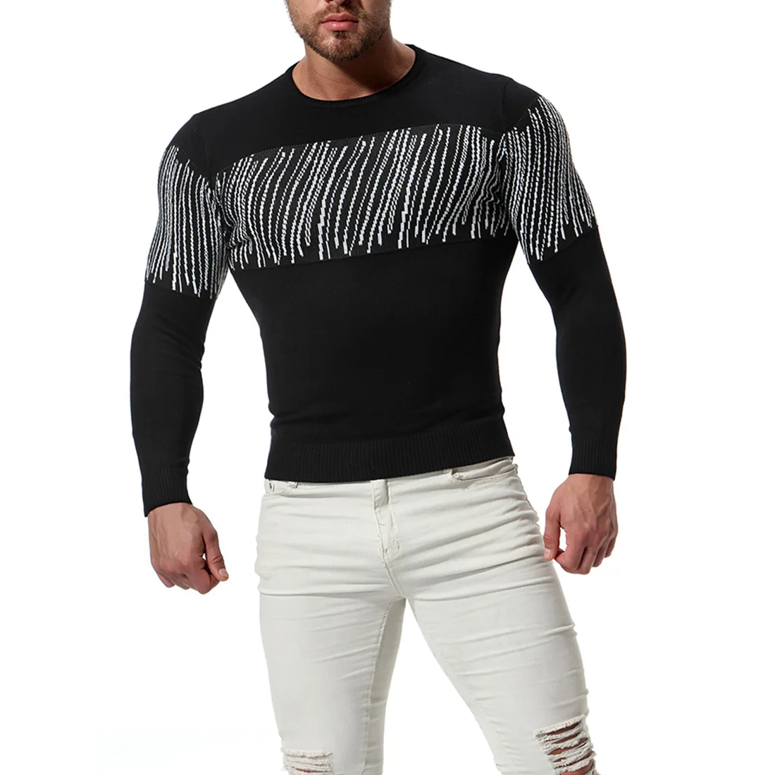 SFIT, Мужской Хлопковый вязаный тонкий свитер в полоску, модный мужской пуловер с круглым вырезом и длинным рукавом, черный, красный, S-2XL