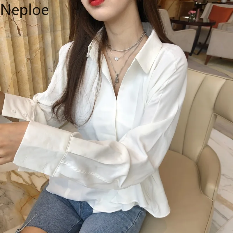 Neploe, Ретро стиль, тонкая талия, на шнуровке, одноцветная блузка, отложной воротник, длинный рукав, плиссированная блуза, на пуговицах, дизайнерская, шикарная, Весенняя рубашка, 48085